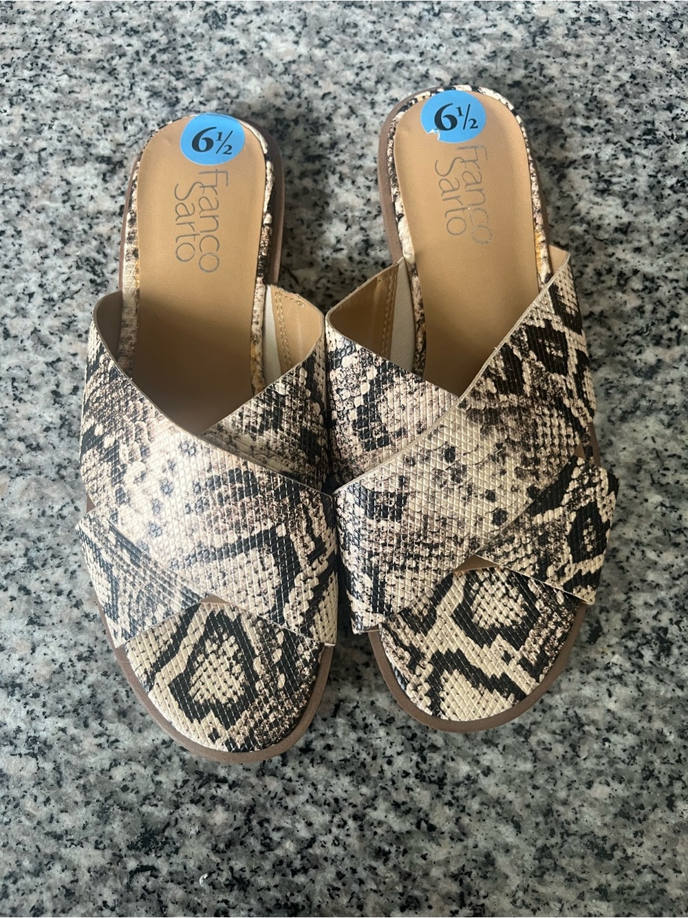 Franco Sarto Beige and Black Snake-Print Crisscross Sandals